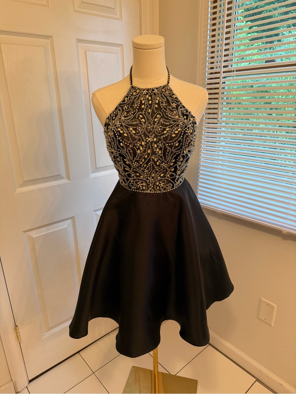 Jovani Black Beaded Halter Mini Dress